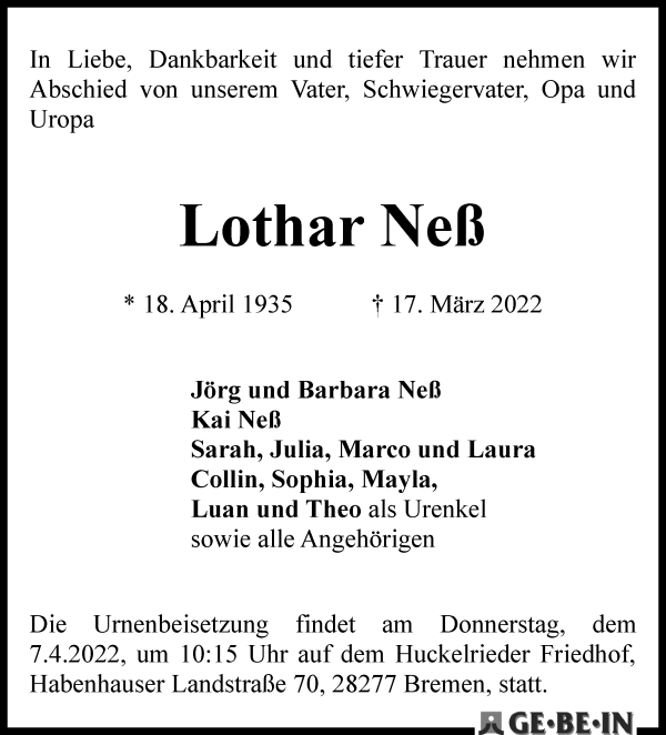 Traueranzeige von Lothar Neß von WESER-KURIER
