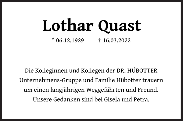Traueranzeige von Lothar Quast von WESER-KURIER