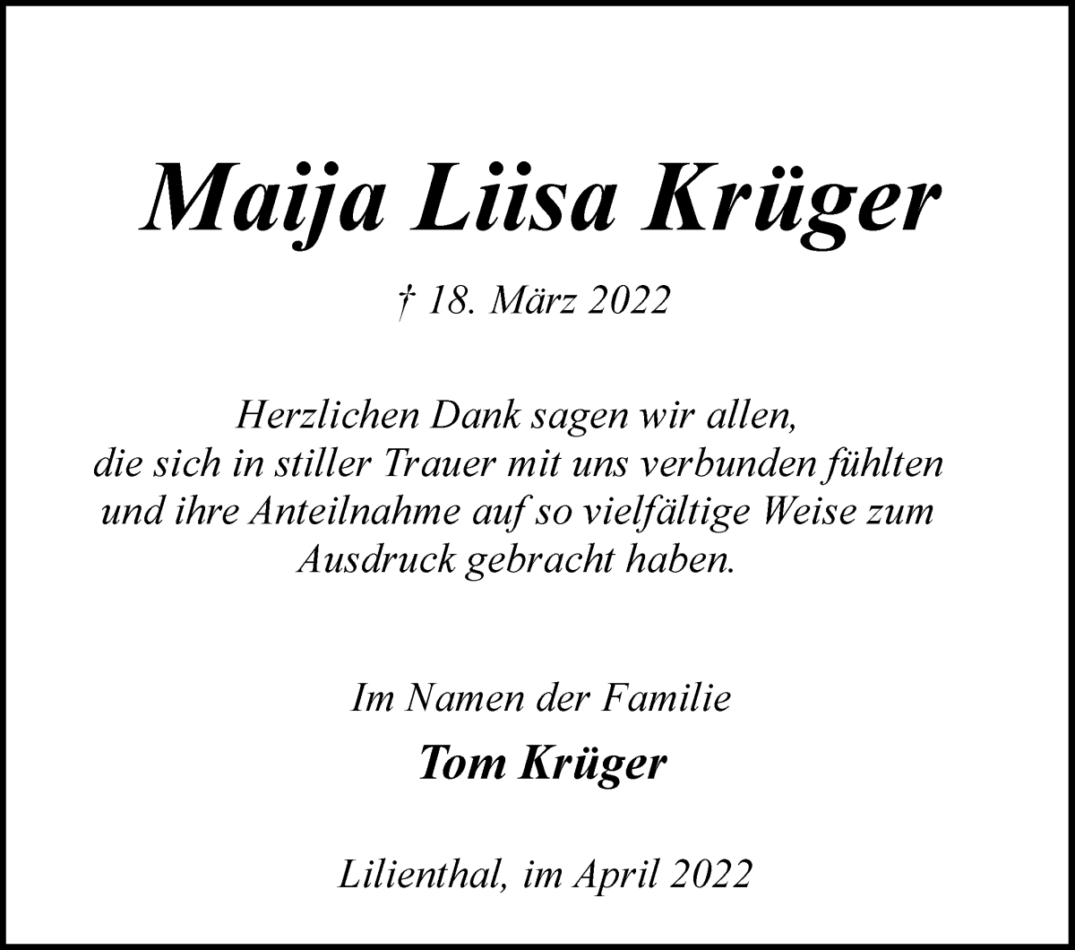  Traueranzeige für Maija Liisa Krüger vom 09.04.2022 aus Wuemme Zeitung
