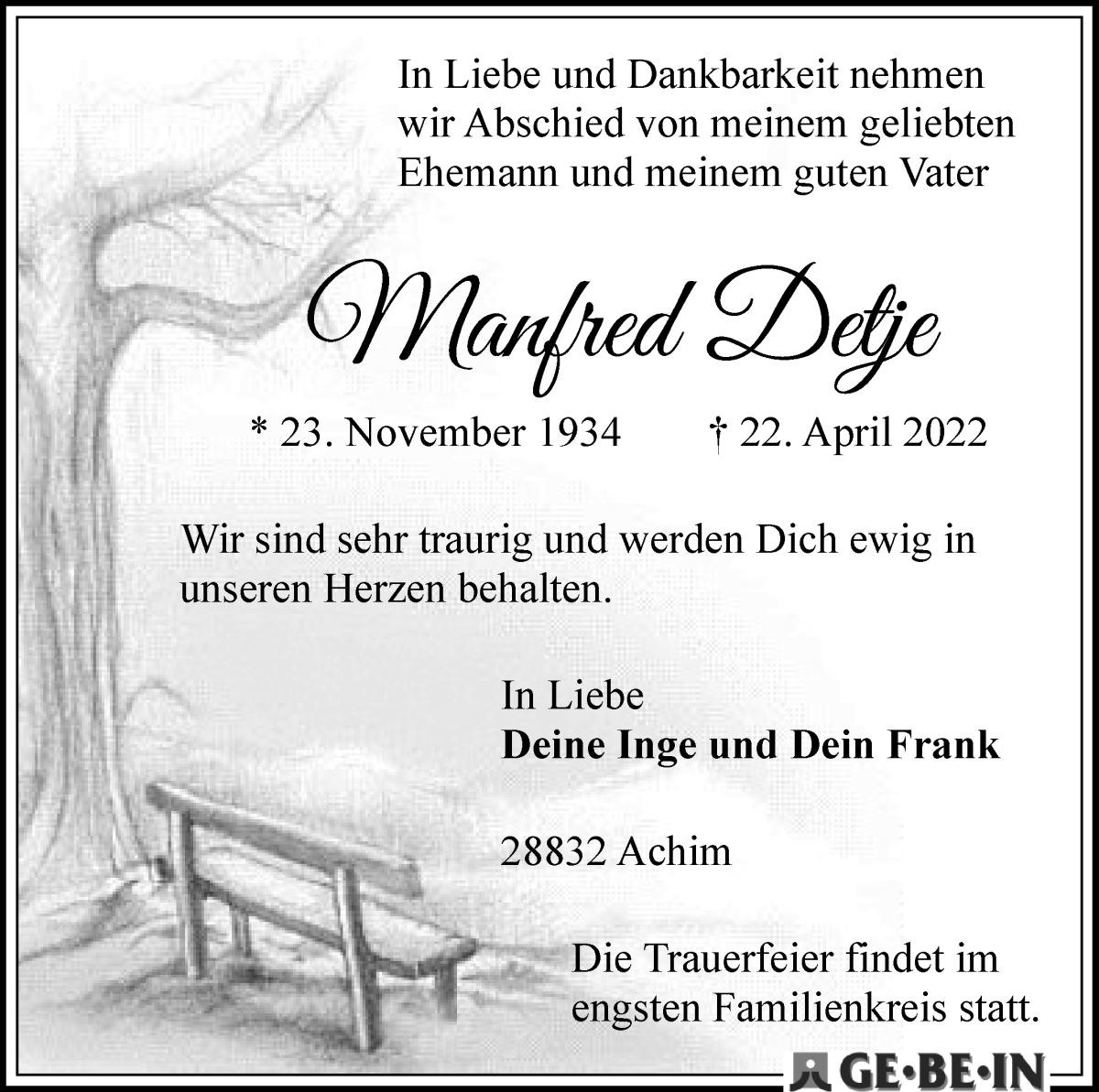  Traueranzeige für Manfred Detje vom 30.04.2022 aus WESER-KURIER