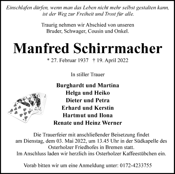 Traueranzeige von Manfred Schirrmacher von WESER-KURIER