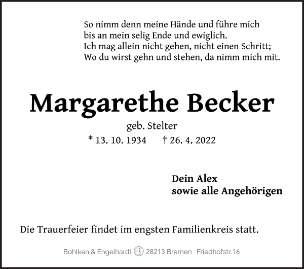 Traueranzeige von Margarethe Becker von WESER-KURIER