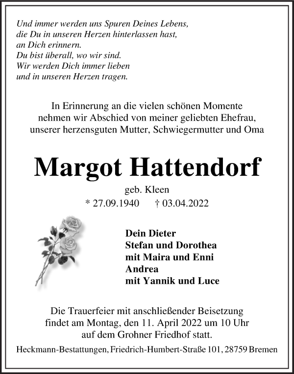 Traueranzeige von Margot Hattendorf von WESER-KURIER