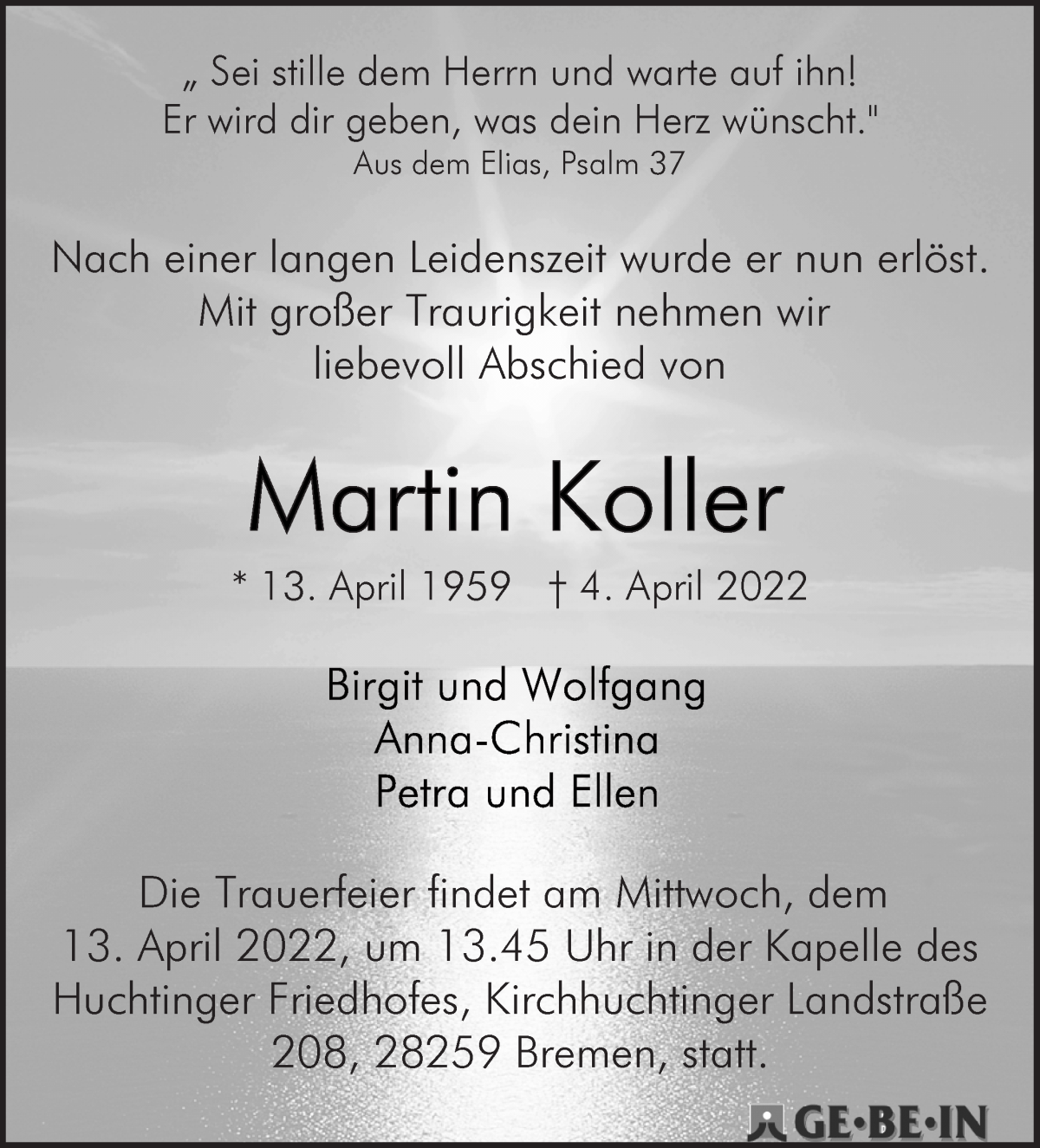  Traueranzeige für Martin Koller vom 09.04.2022 aus WESER-KURIER