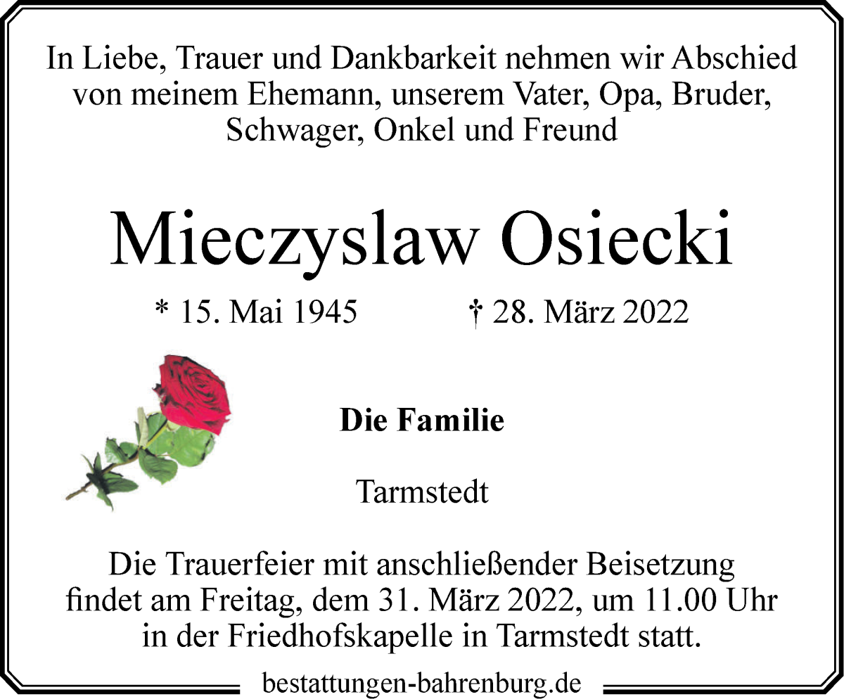 Traueranzeige von Mieczyslaw Osiecki von Wuemme Zeitung