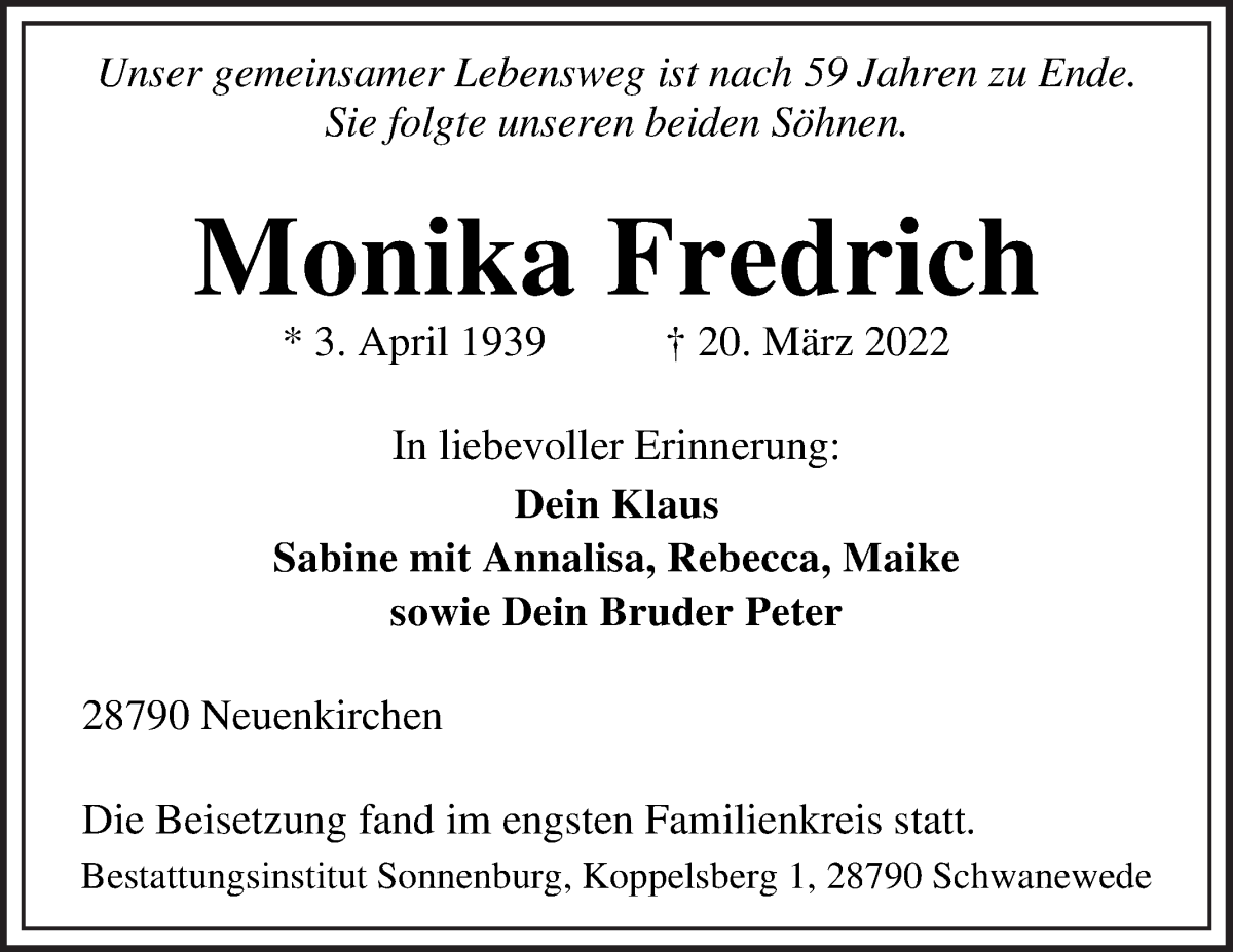 Traueranzeige von Monika Fredrich von Die Norddeutsche