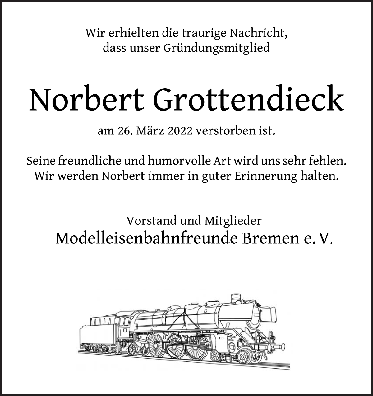  Traueranzeige für Norbert Grottendieck vom 09.04.2022 aus Die Norddeutsche