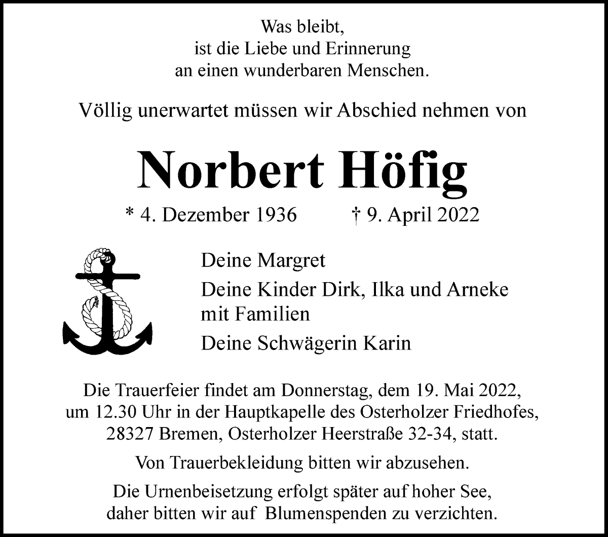 Traueranzeige für Norbert Höfig vom 23.04.2022 aus WESER-KURIER