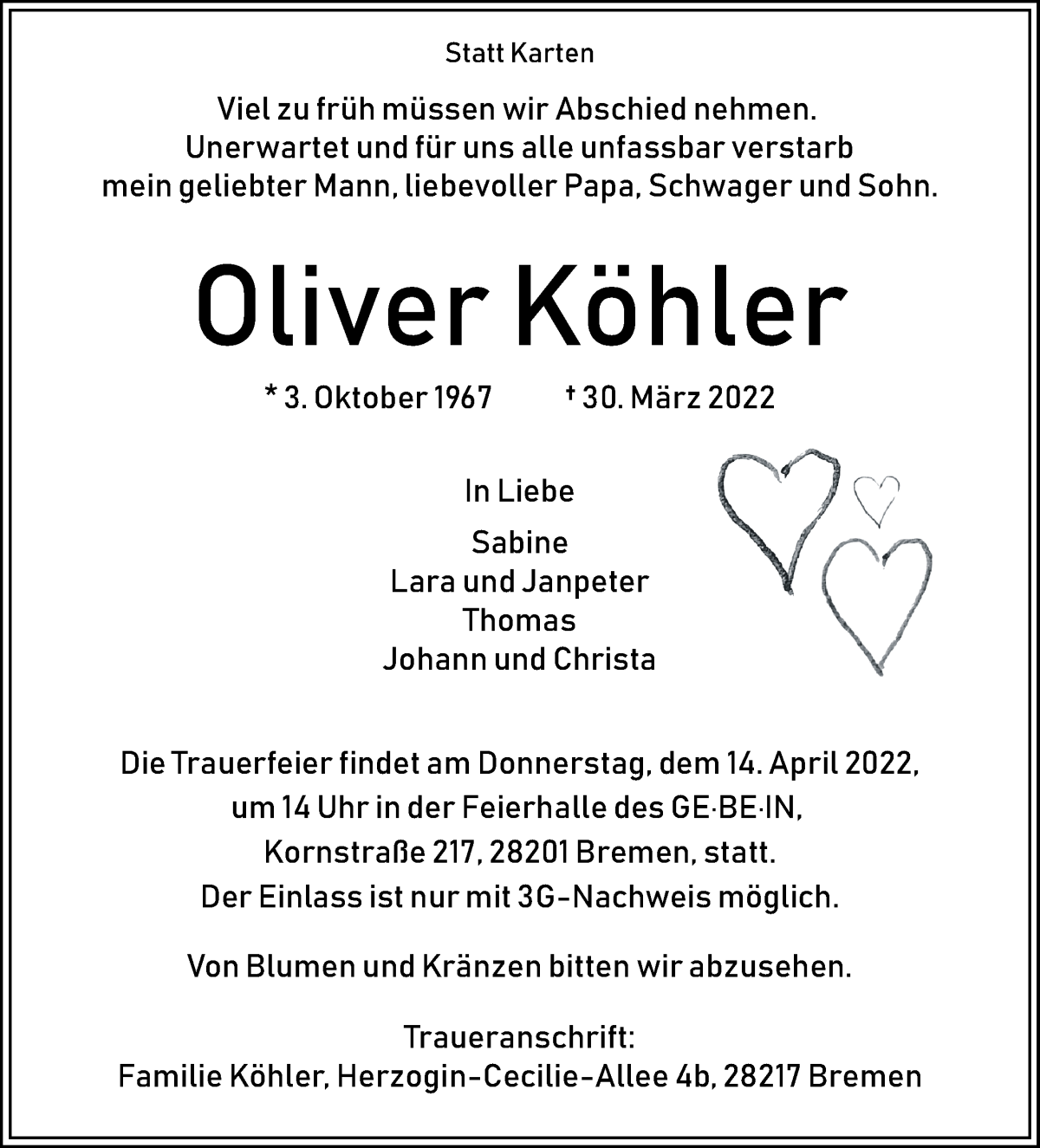 Traueranzeige von Oliver Köhler von WESER-KURIER