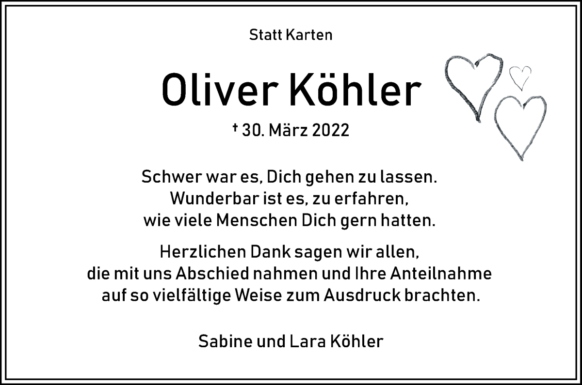 Traueranzeige von Oliver Köhler von WESER-KURIER