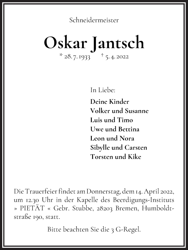 Traueranzeige von Oskar Jantsch von WESER-KURIER