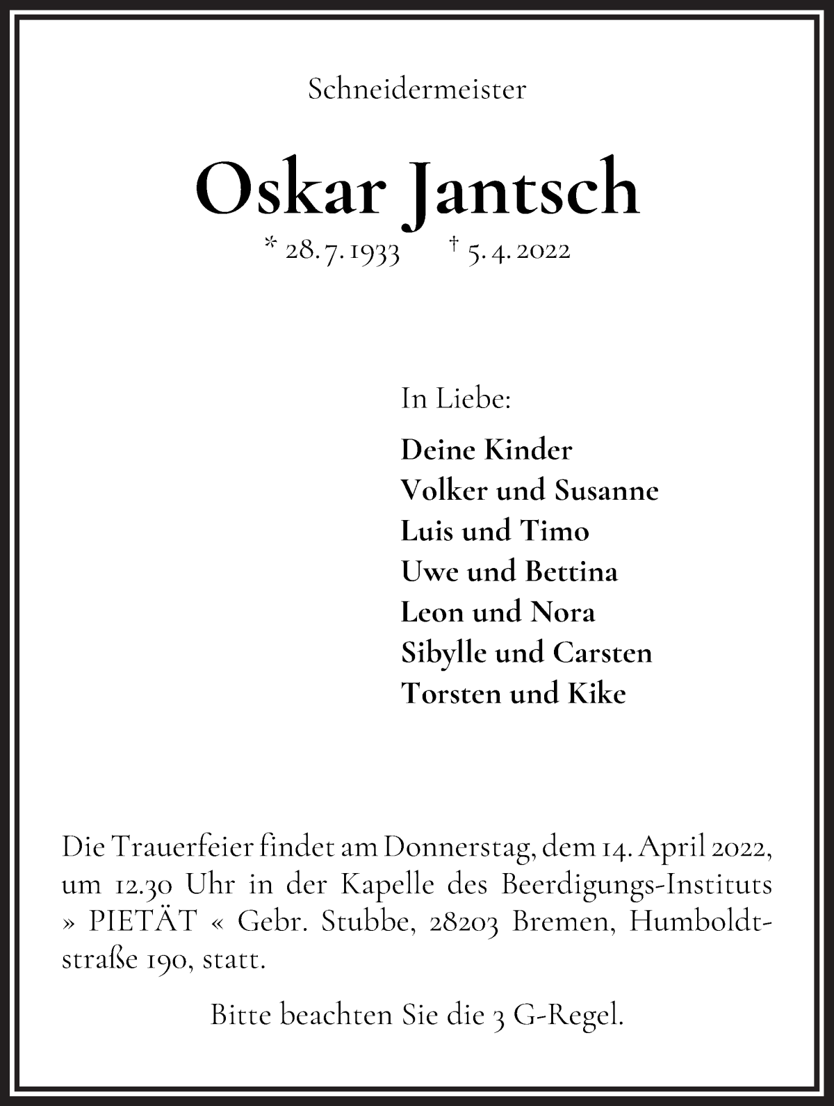  Traueranzeige für Oskar Jantsch vom 09.04.2022 aus WESER-KURIER