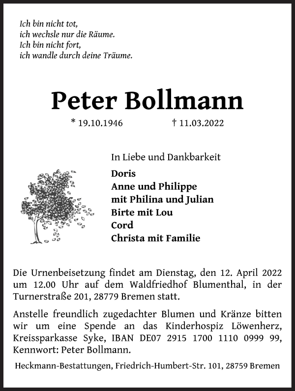 Traueranzeige von Peter Bollmann von Die Norddeutsche