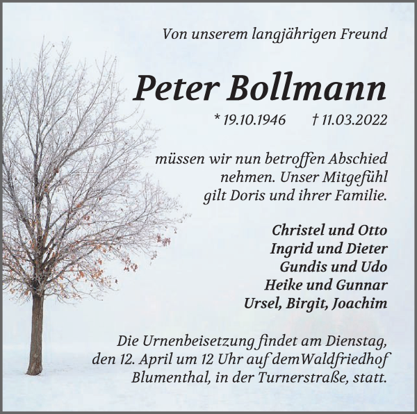 Traueranzeige von Peter Bollmann