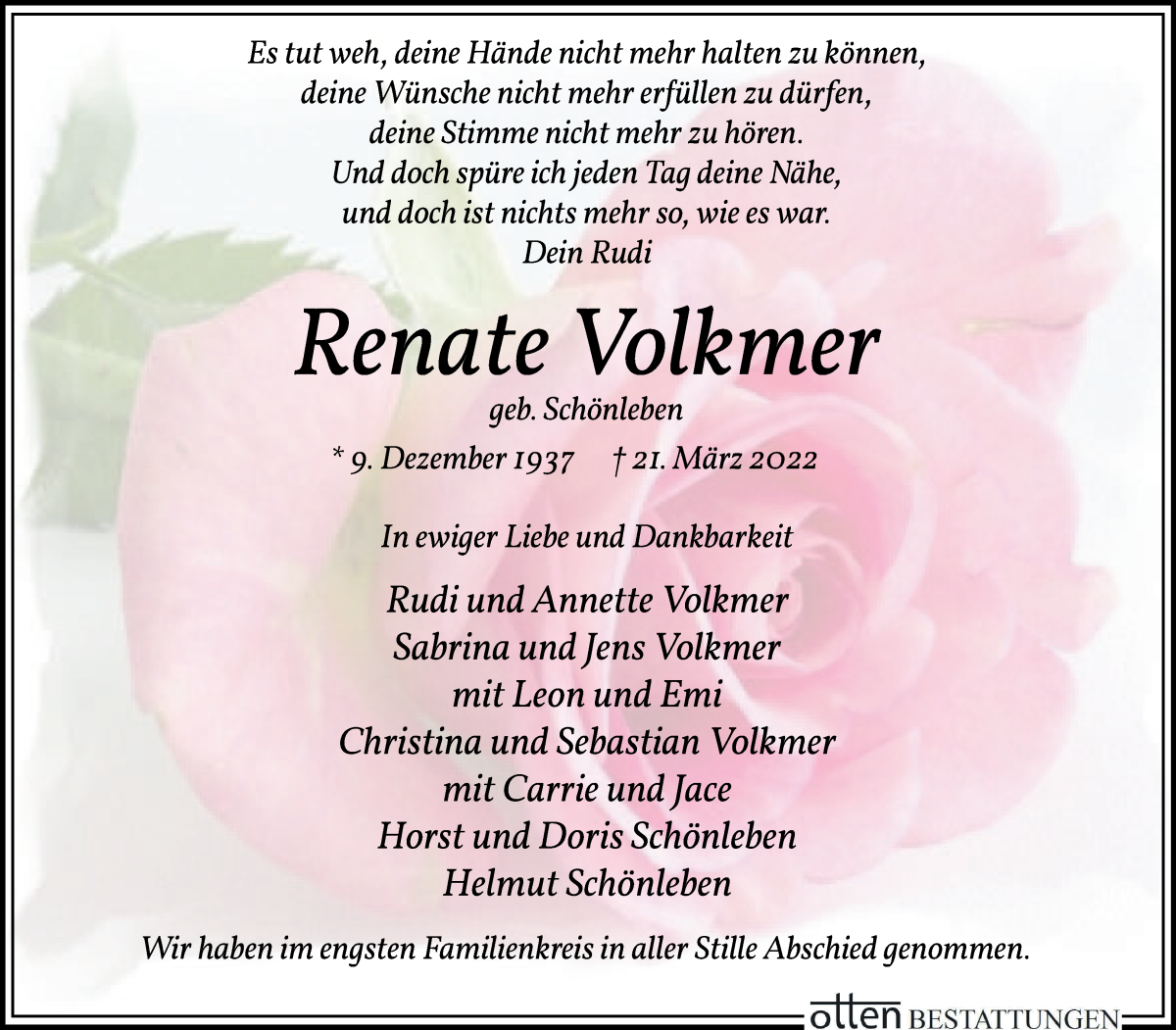  Traueranzeige für Renate Volkmer vom 09.04.2022 aus Die Norddeutsche
