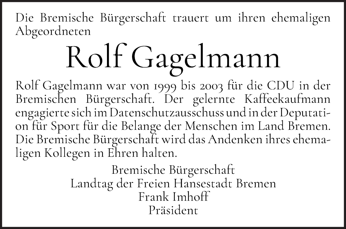  Traueranzeige für Rolf Gagelmann vom 27.04.2022 aus WESER-KURIER