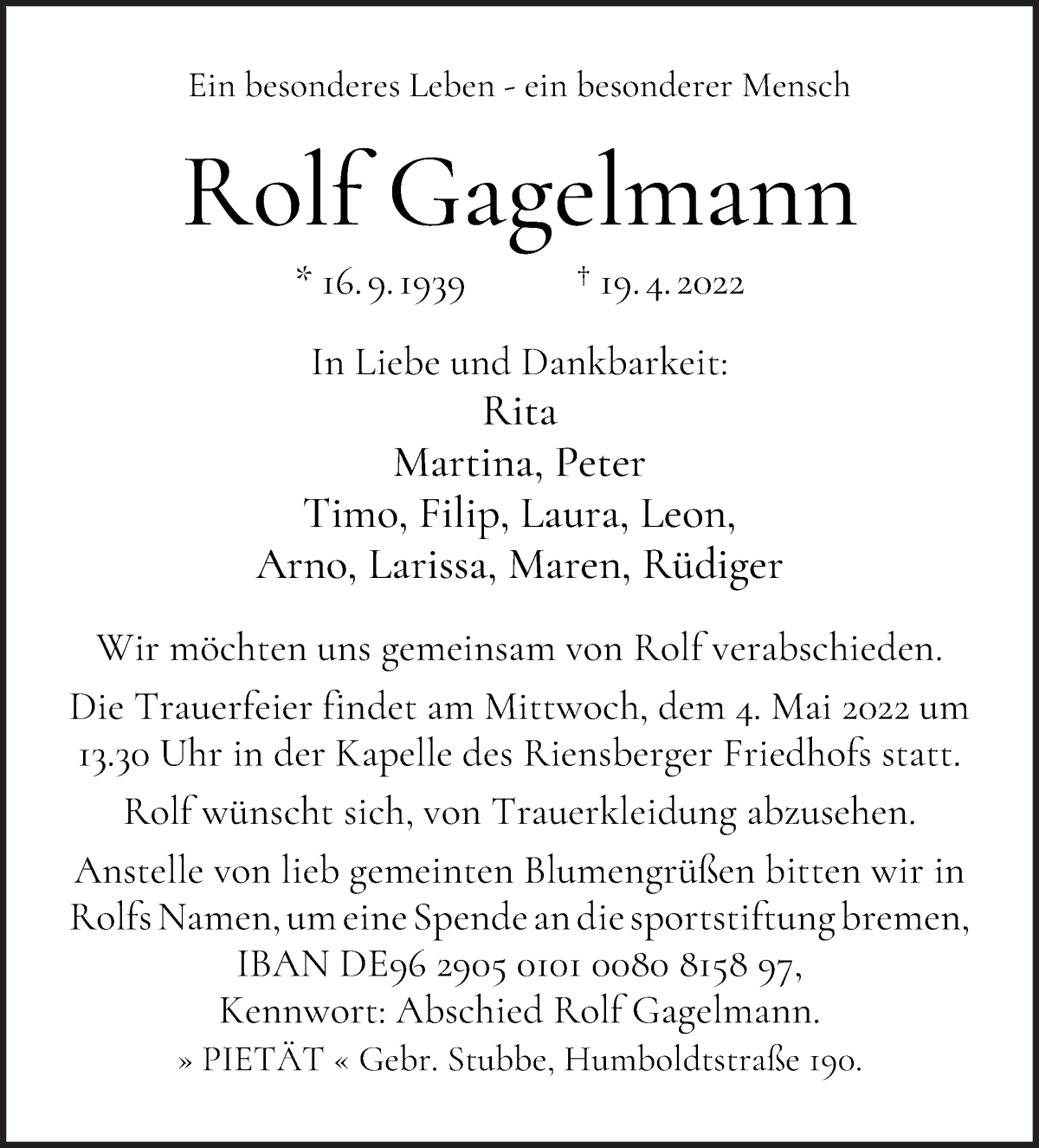  Traueranzeige für Rolf Gagelmann vom 27.04.2022 aus WESER-KURIER