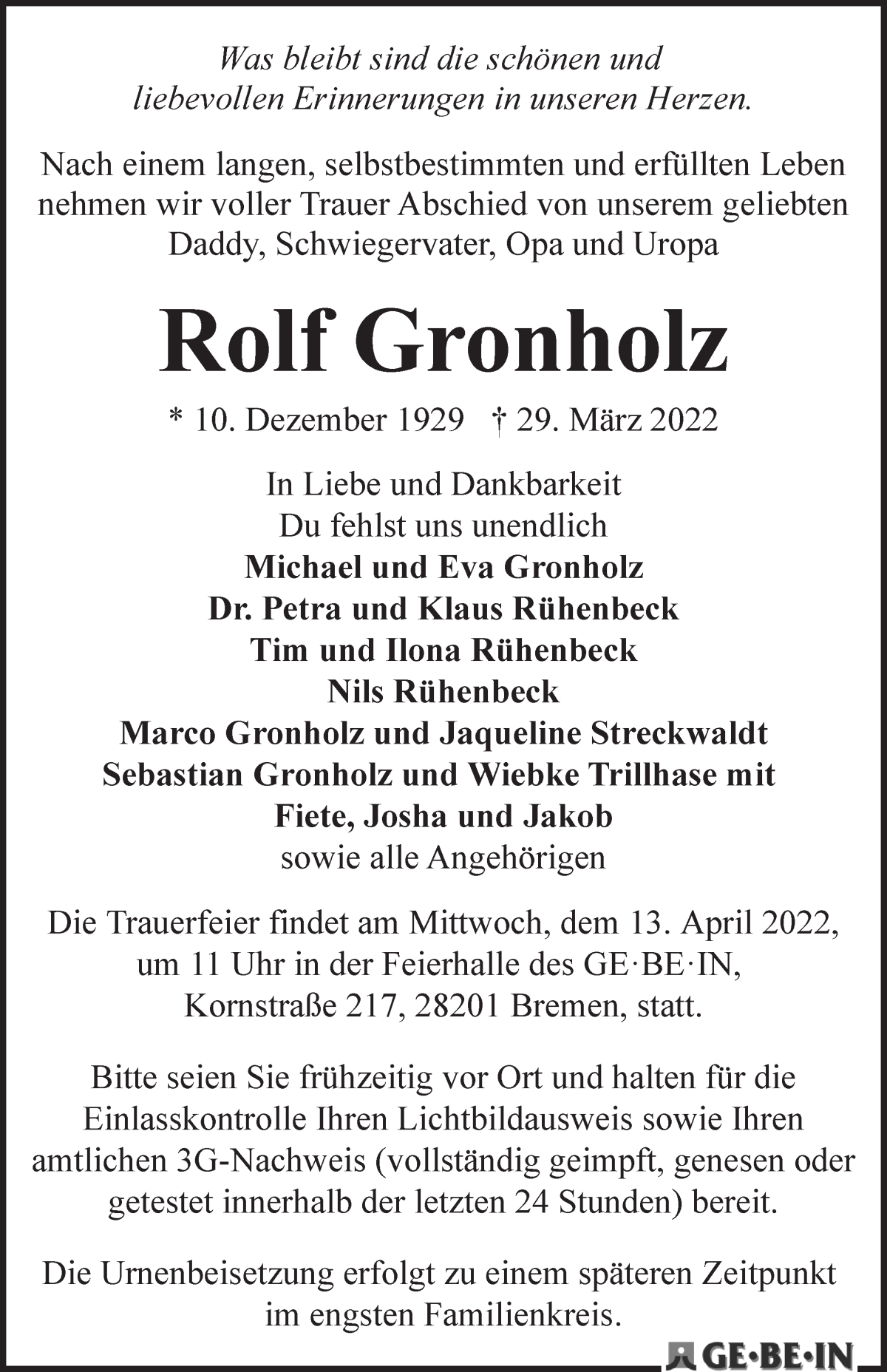  Traueranzeige für Rolf Gronholz vom 12.04.2022 aus WESER-KURIER