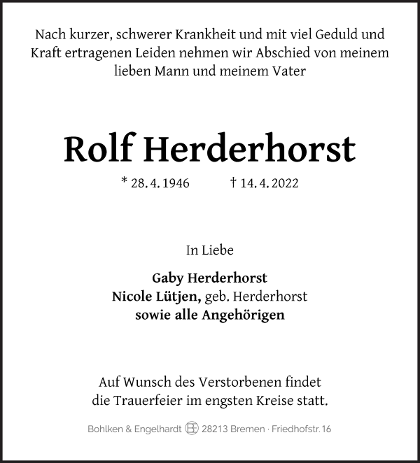 Traueranzeige von Rolf Herderhorst von WESER-KURIER