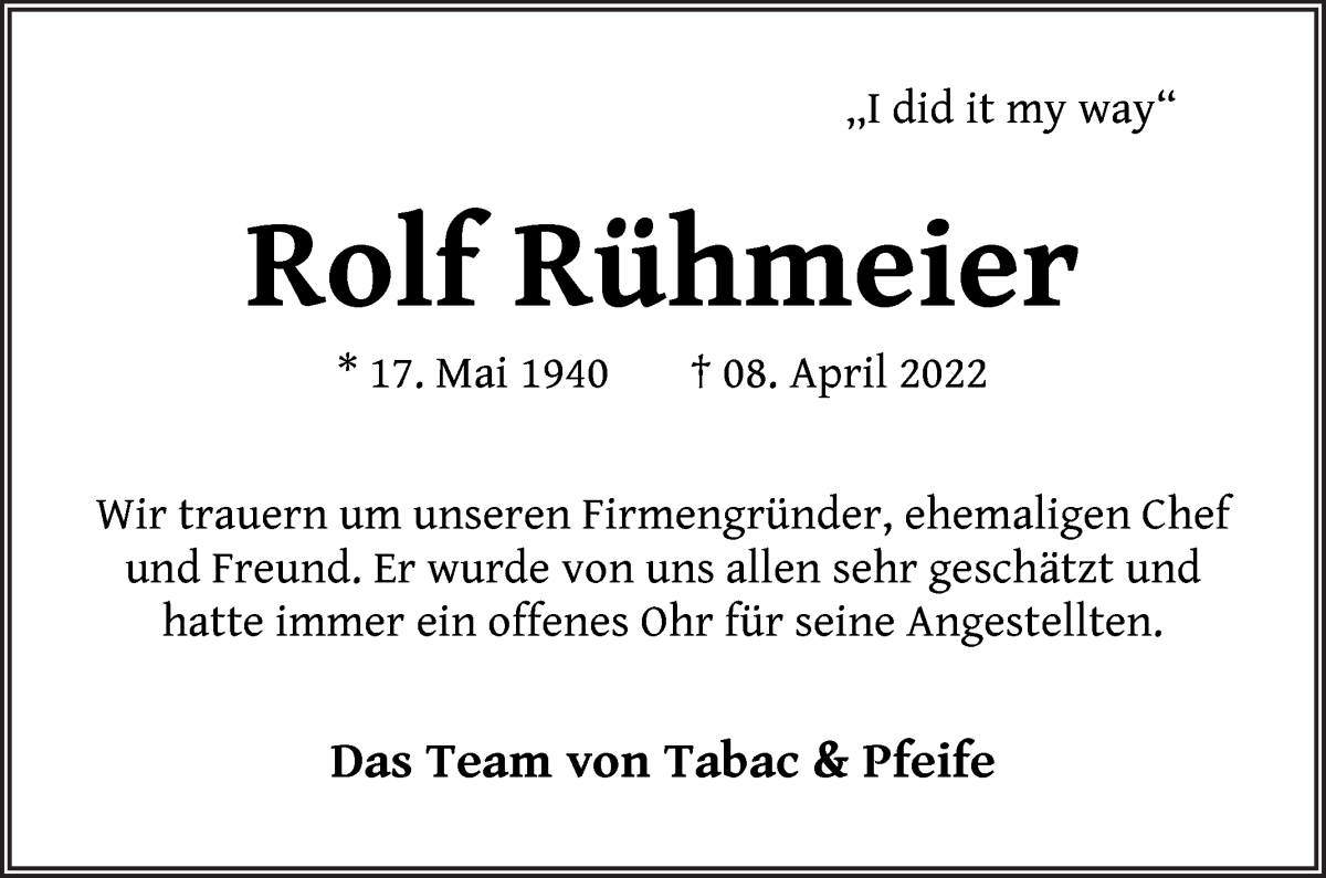  Traueranzeige für Rolf Rühmeier vom 23.04.2022 aus WESER-KURIER