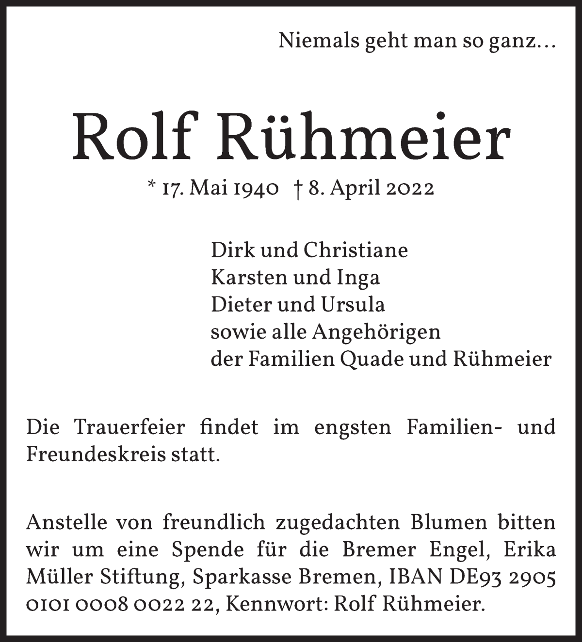  Traueranzeige für Rolf Rühmeier vom 23.04.2022 aus WESER-KURIER