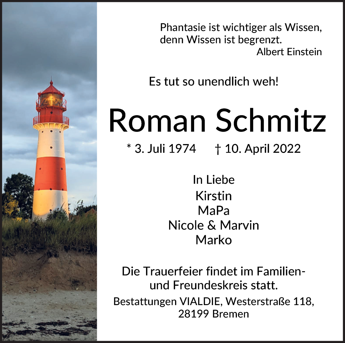  Traueranzeige für Roman Schmitz vom 16.04.2022 aus WESER-KURIER