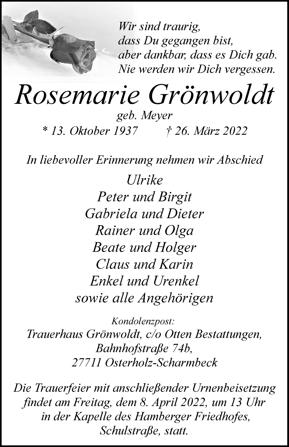  Traueranzeige für Rosemarie Grönwoldt vom 02.04.2022 aus WESER-KURIER