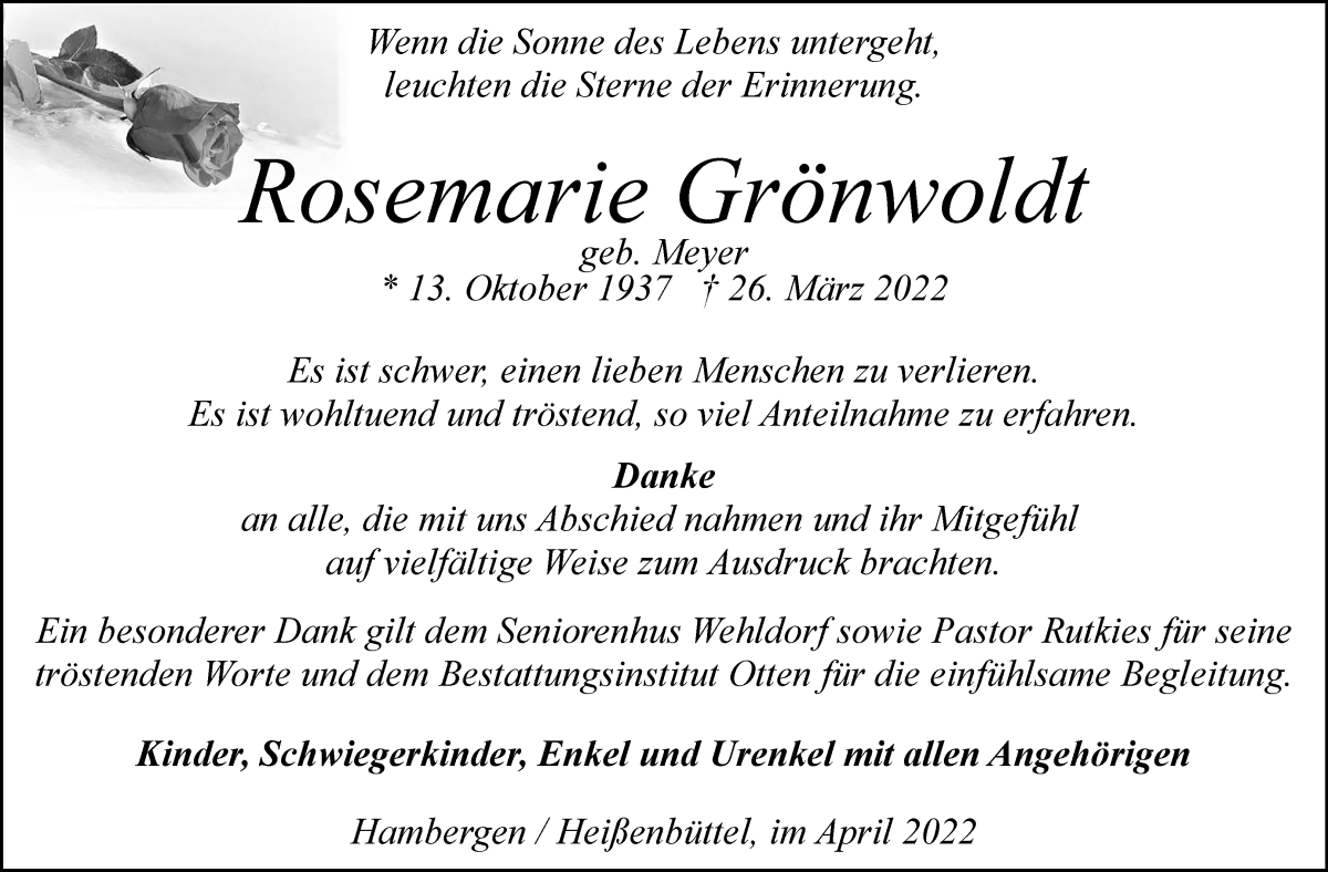  Traueranzeige für Rosemarie Grönwoldt vom 30.04.2022 aus WESER-KURIER