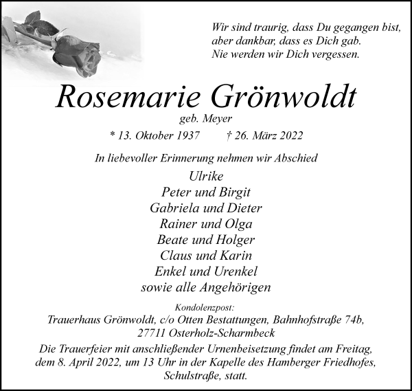 Traueranzeige von Rosemarie Grönwoldt von Osterholzer Kreisblatt