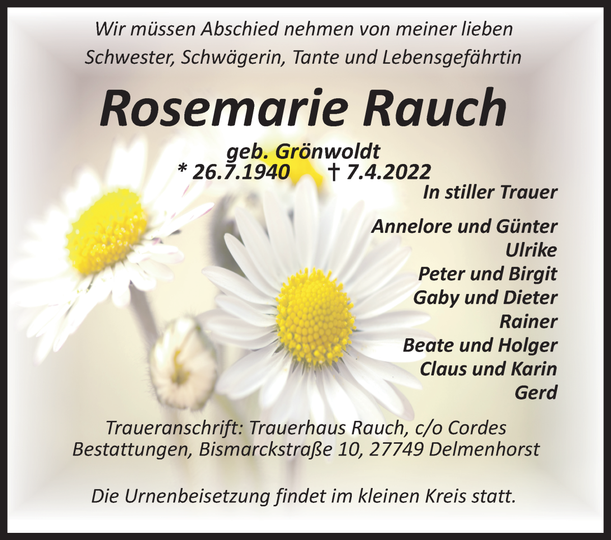  Traueranzeige für Rosemarie Rauch vom 16.04.2022 aus WESER-KURIER