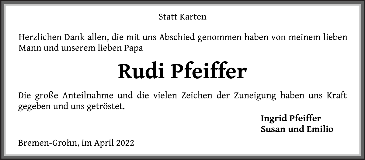 Traueranzeige von Rudi Pfeiffer von Die Norddeutsche