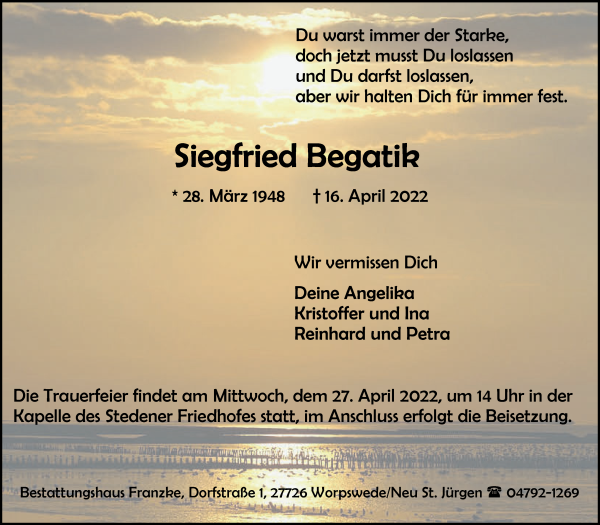 Traueranzeige von Siegfried Begatik von Osterholzer Kreisblatt