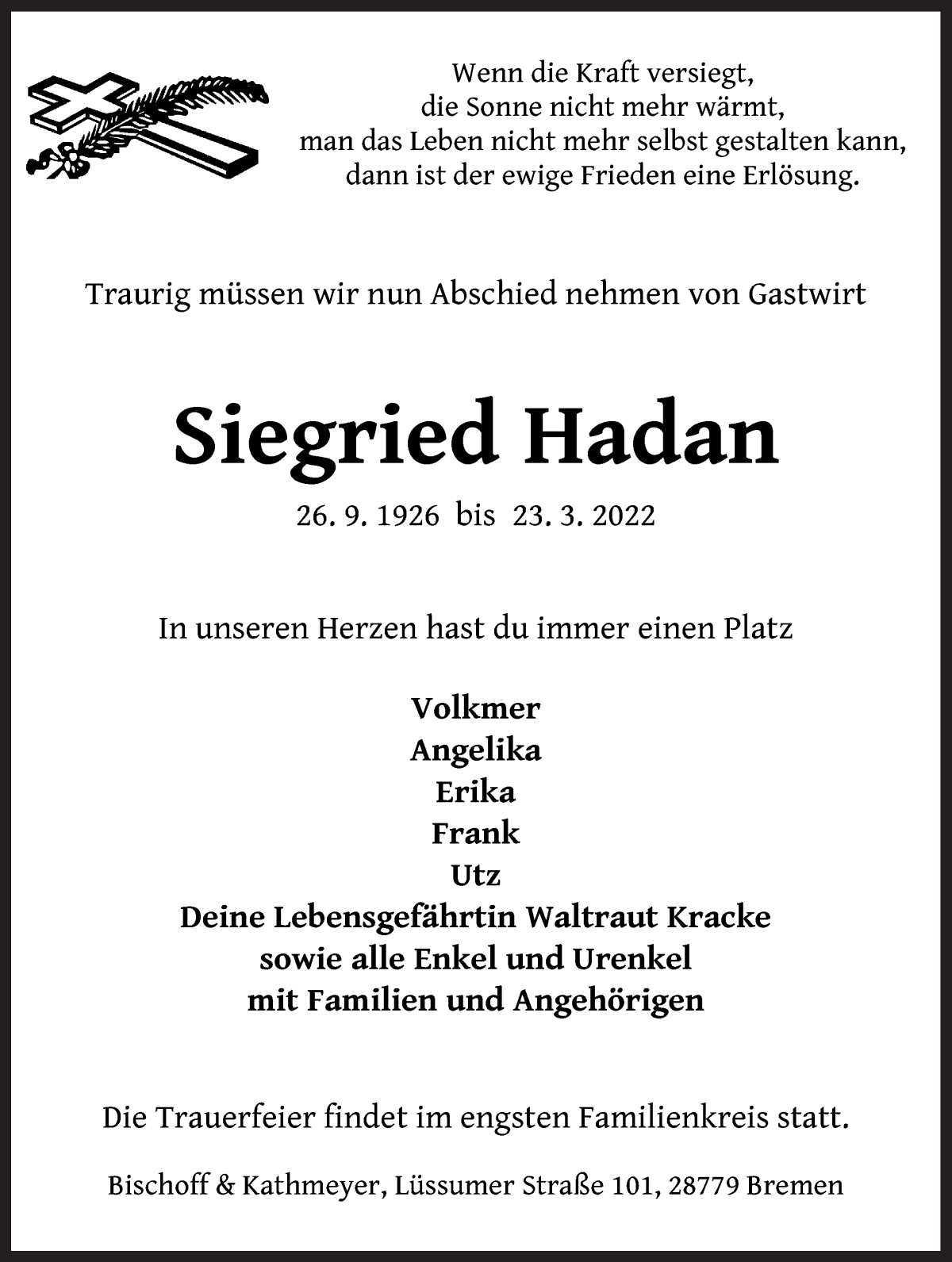  Traueranzeige für Siegfried Hadan vom 02.04.2022 aus Die Norddeutsche