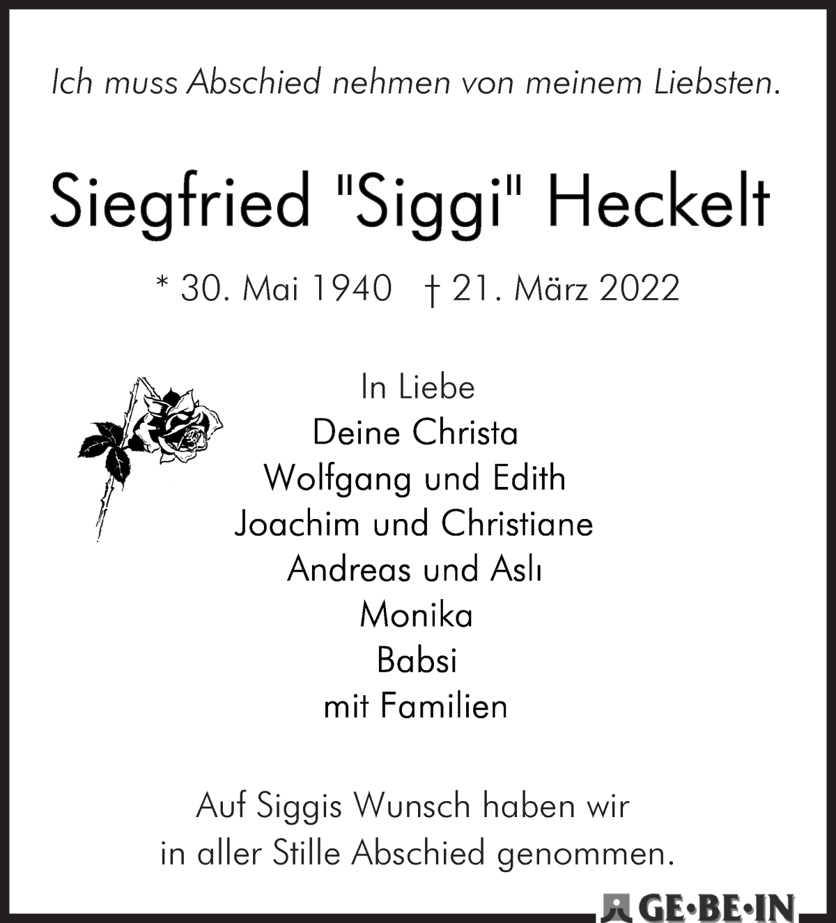  Traueranzeige für Siegfried Heckelt vom 23.04.2022 aus WESER-KURIER