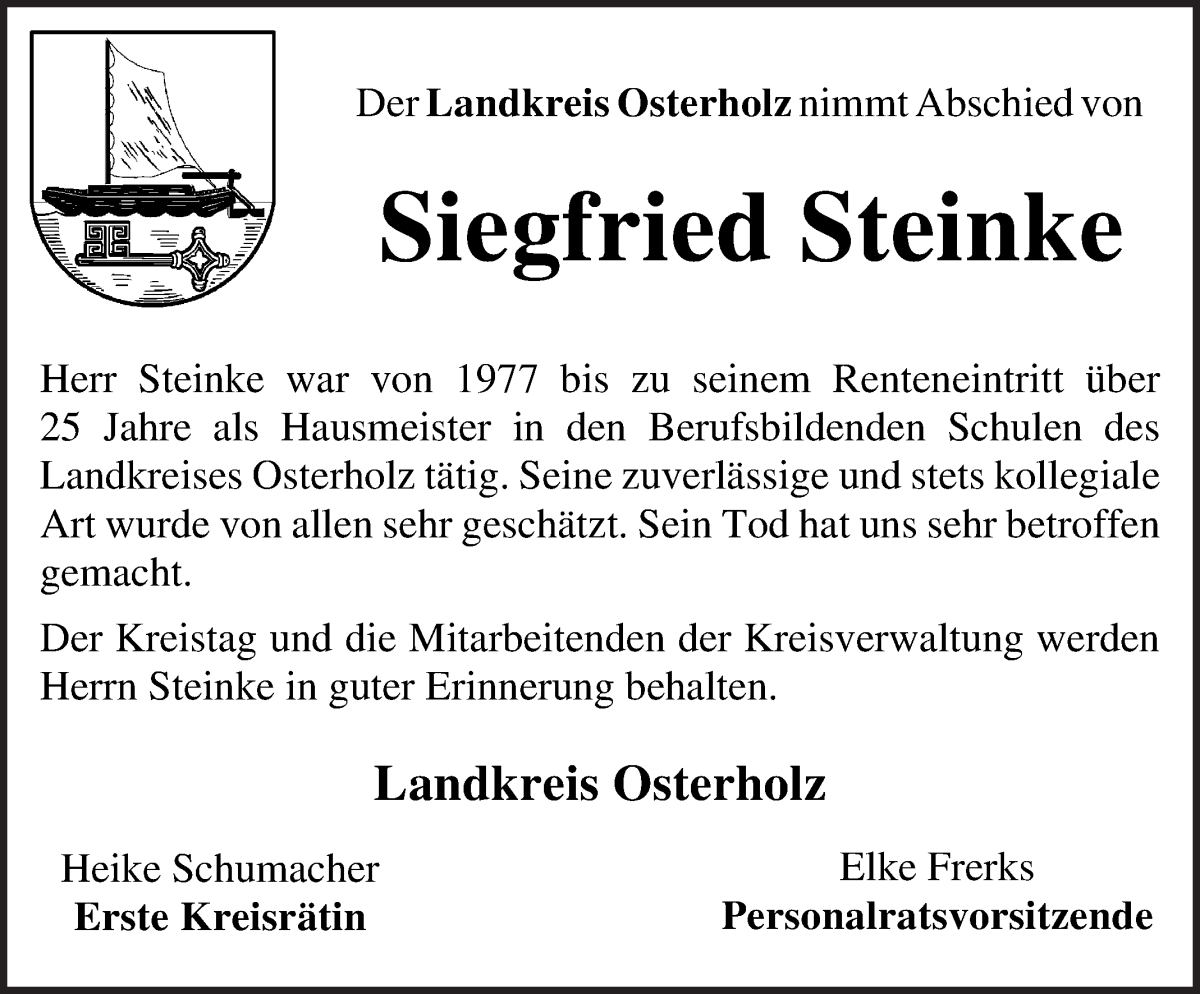 Traueranzeige von Siegfried Steinke von Osterholzer Kreisblatt