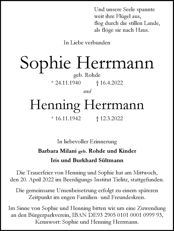 Traueranzeige von Sophie und Henning Herrmann