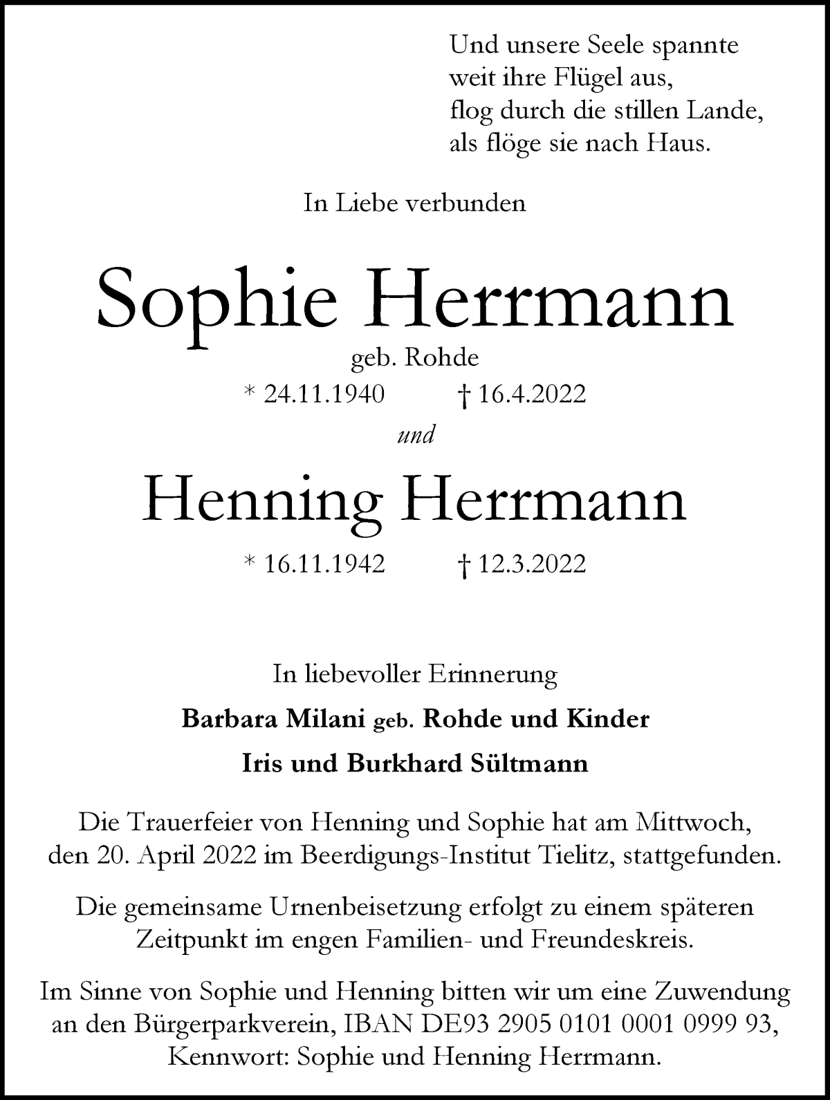 Traueranzeige von Sophie und Henning Herrmann von WESER-KURIER