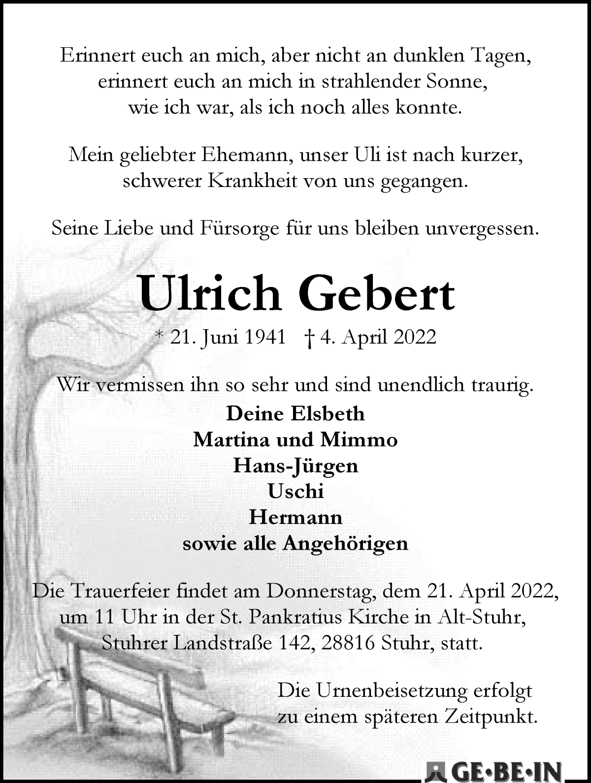  Traueranzeige für Ulrich Gebert vom 16.04.2022 aus WESER-KURIER