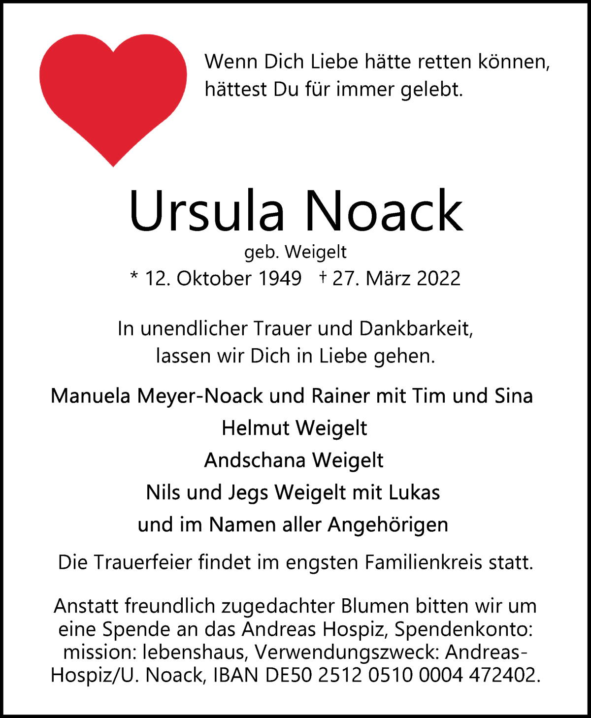  Traueranzeige für Ursula Noack vom 02.04.2022 aus WESER-KURIER