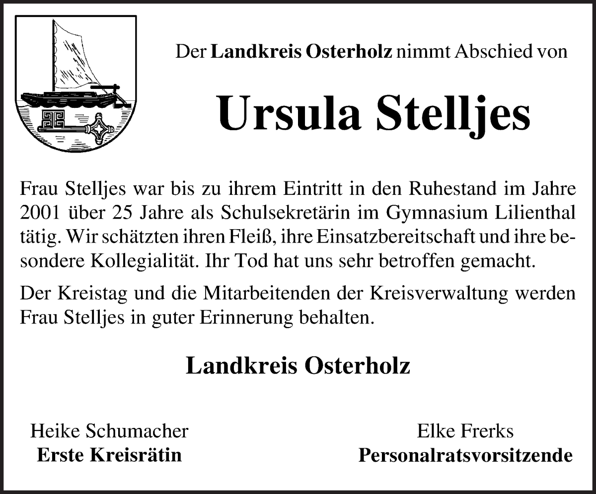 Traueranzeige von Ursula Stelljes von Osterholzer Kreisblatt