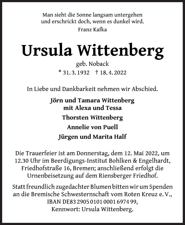 Traueranzeige von Ursula Wittenberg von WESER-KURIER
