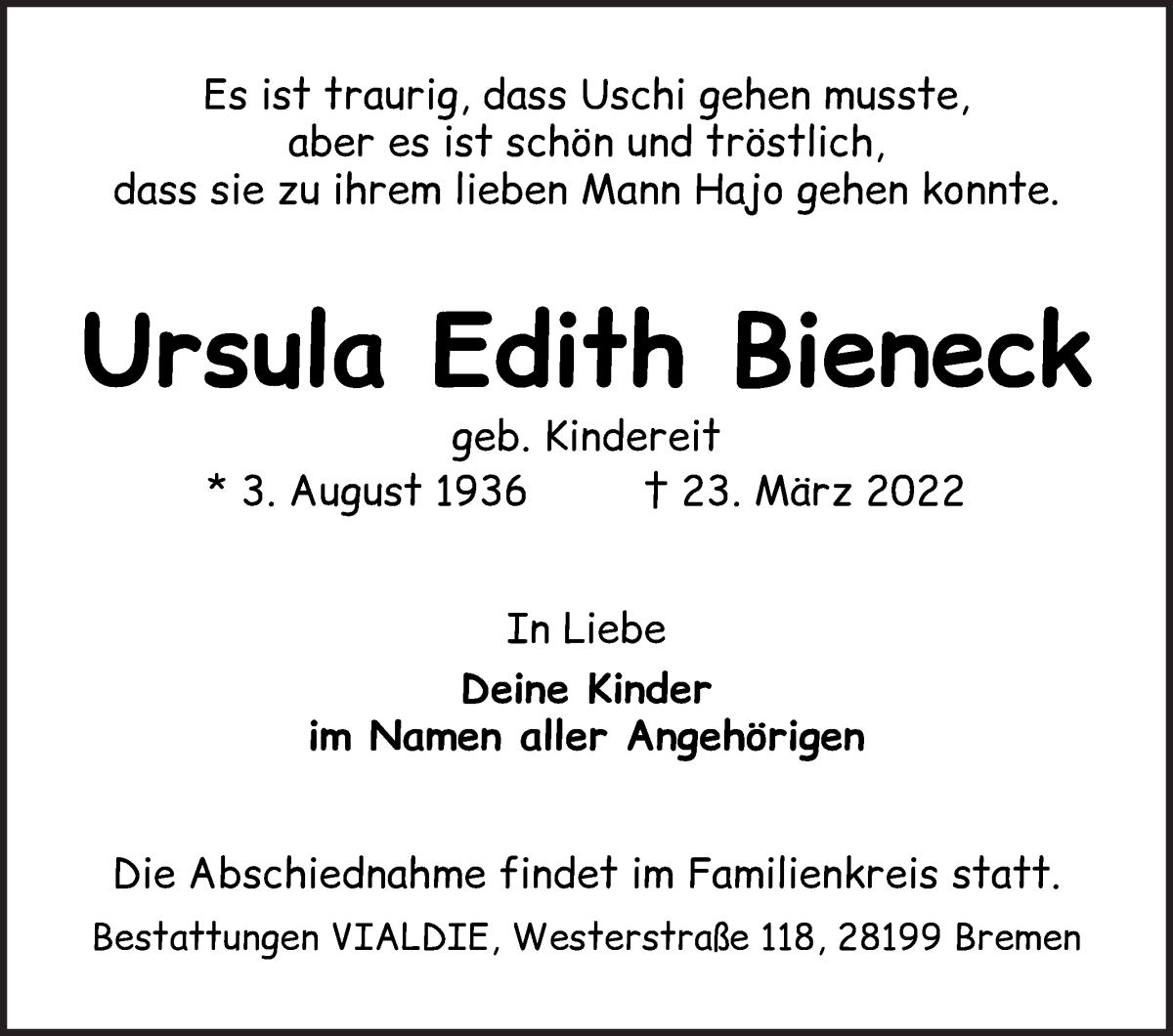  Traueranzeige für Ursula Edith Bieneck vom 02.04.2022 aus WESER-KURIER