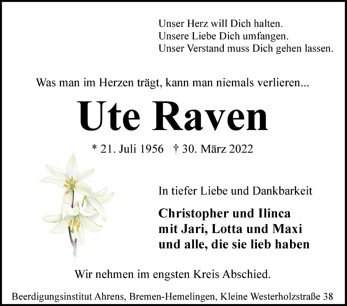 Traueranzeige für Ute Raven vom 09.04.2022 aus WESER-KURIER