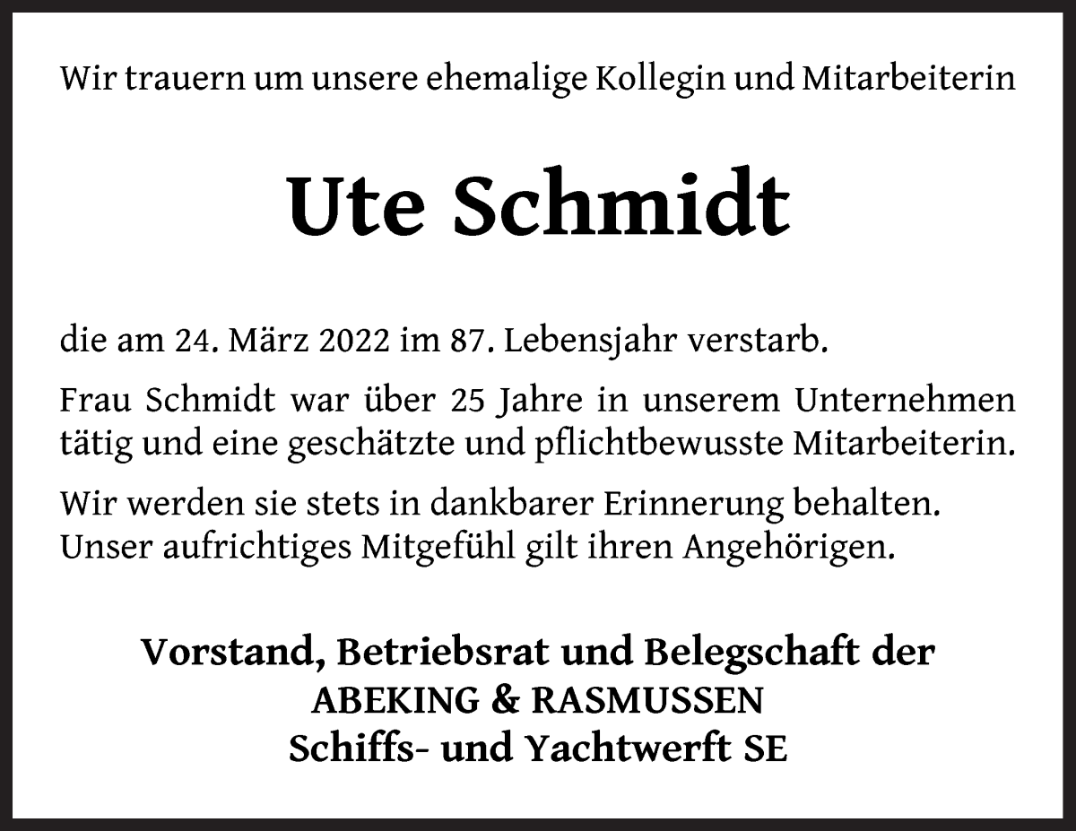 Traueranzeige von Ute Schmidt von Die Norddeutsche