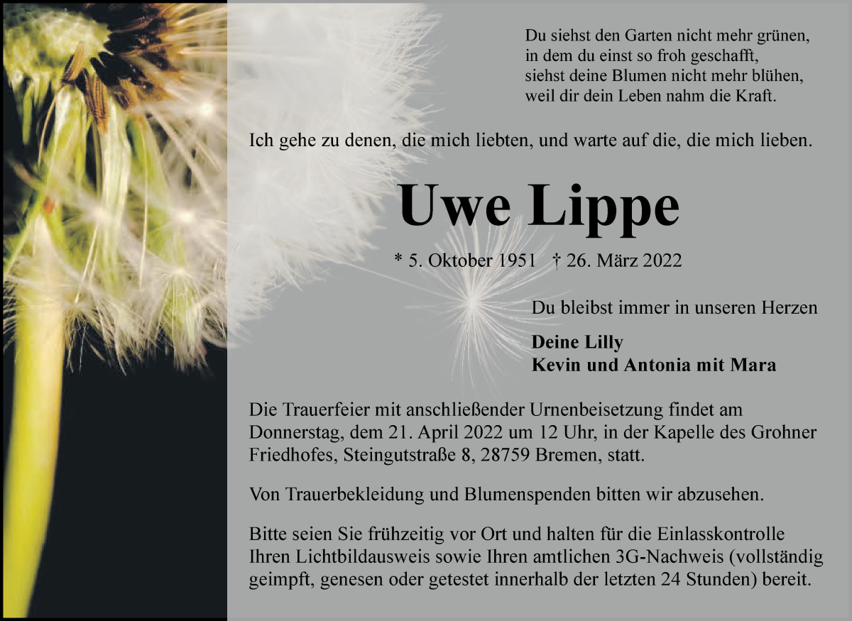  Traueranzeige für Uwe Lippe vom 09.04.2022 aus Die Norddeutsche