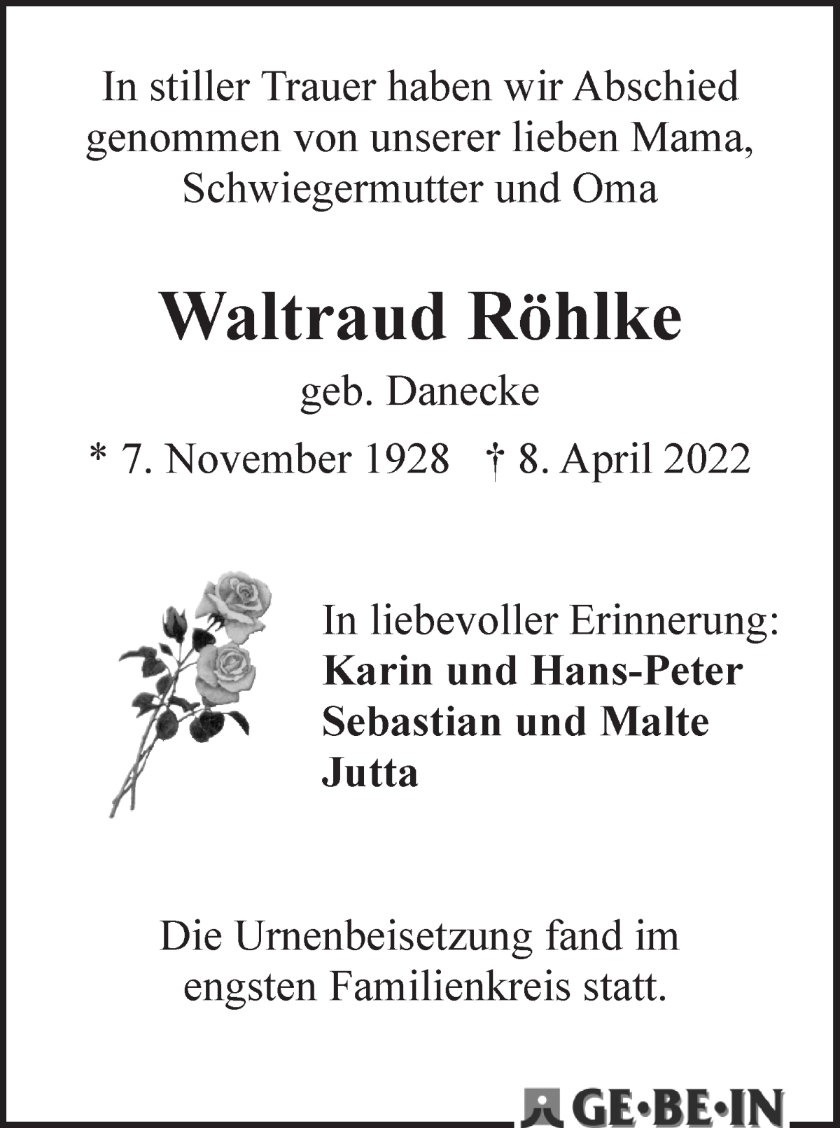 Traueranzeige von Waltraud Röhlke von WESER-KURIER