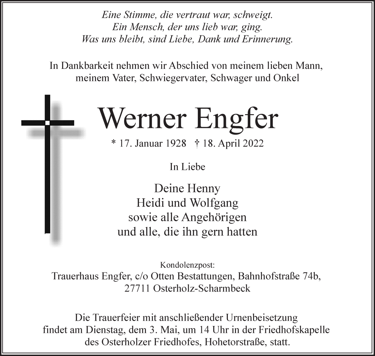  Traueranzeige für Werner Engfer vom 23.04.2022 aus Osterholzer Kreisblatt