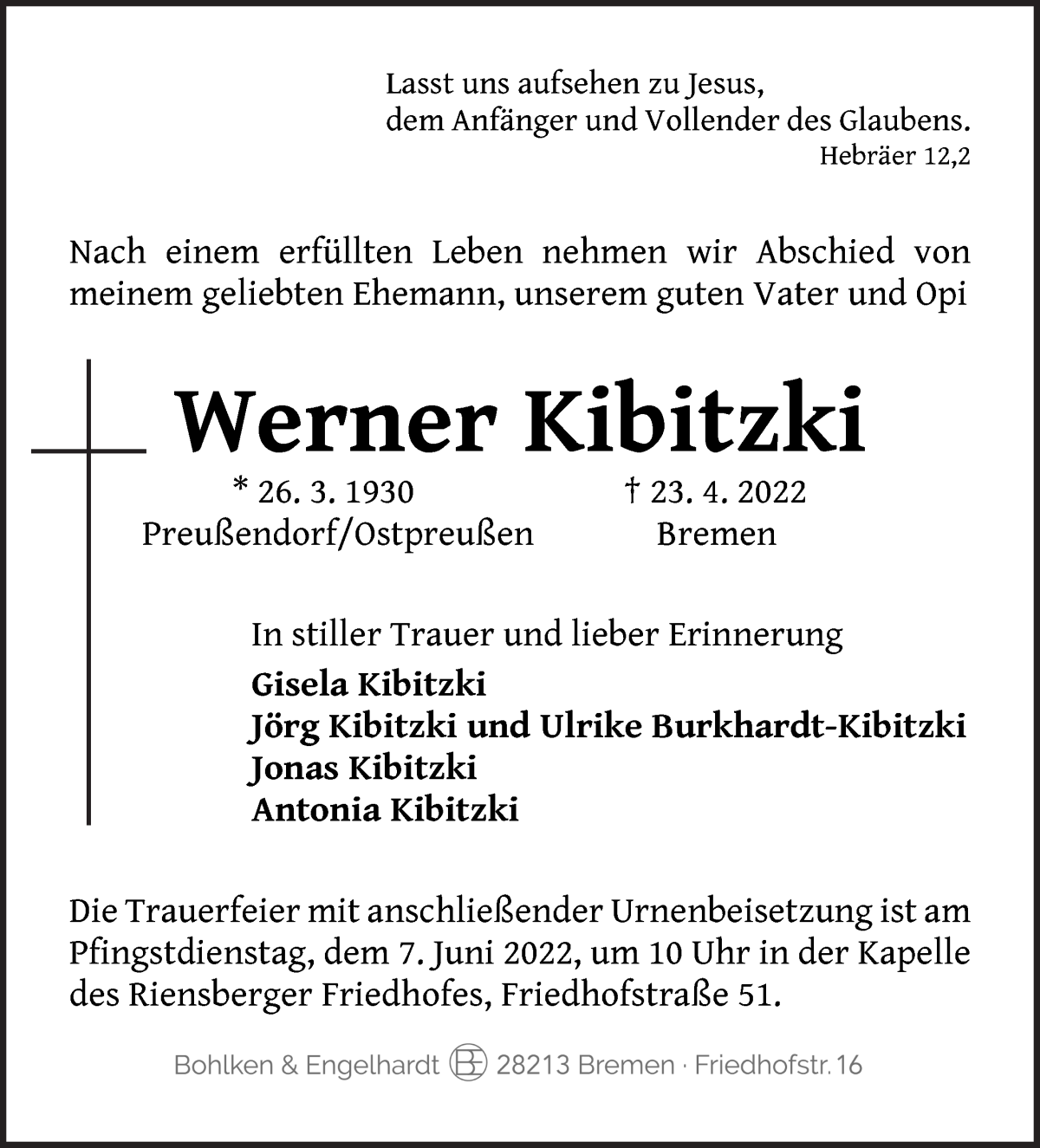 Traueranzeige von Werner Kibitzki von WESER-KURIER