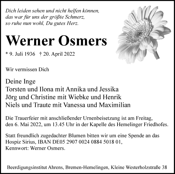 Traueranzeige von Werner Osmers von WESER-KURIER