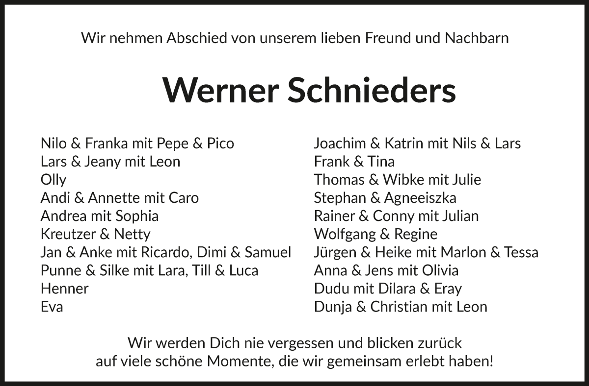 Traueranzeige von Werner Schnieders von WESER-KURIER